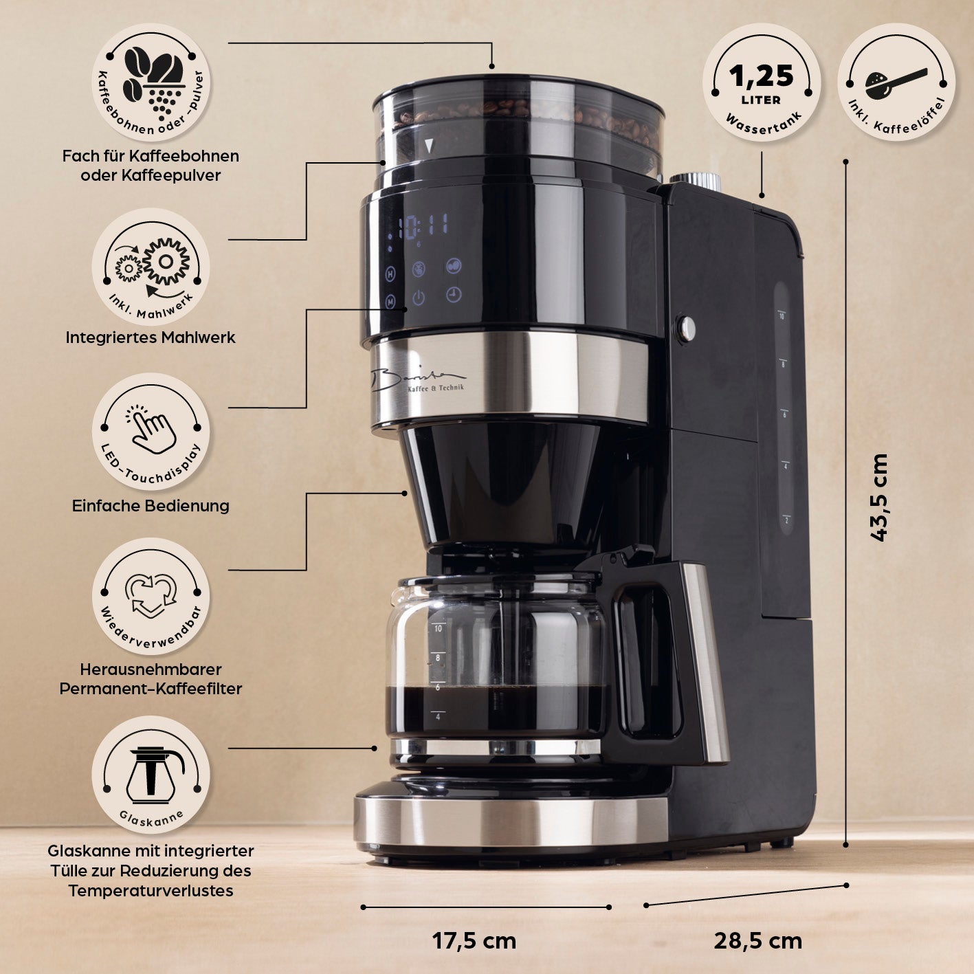 Filterkaffeemaschine Grind mit integriertem Mahlwerk, LED-Touchdisplay, Timerfunktion und waschbarem Permanentfilter, 1,25 l Wassertank.