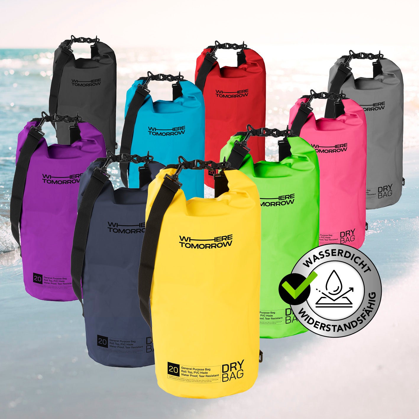 Dry Bag 20L - Style 01 - Gelb, wasserfester, robuster Outdoor-Rucksack mit verstellbarem Schultergurt und Rolltop-Verschluss für Wassersport.