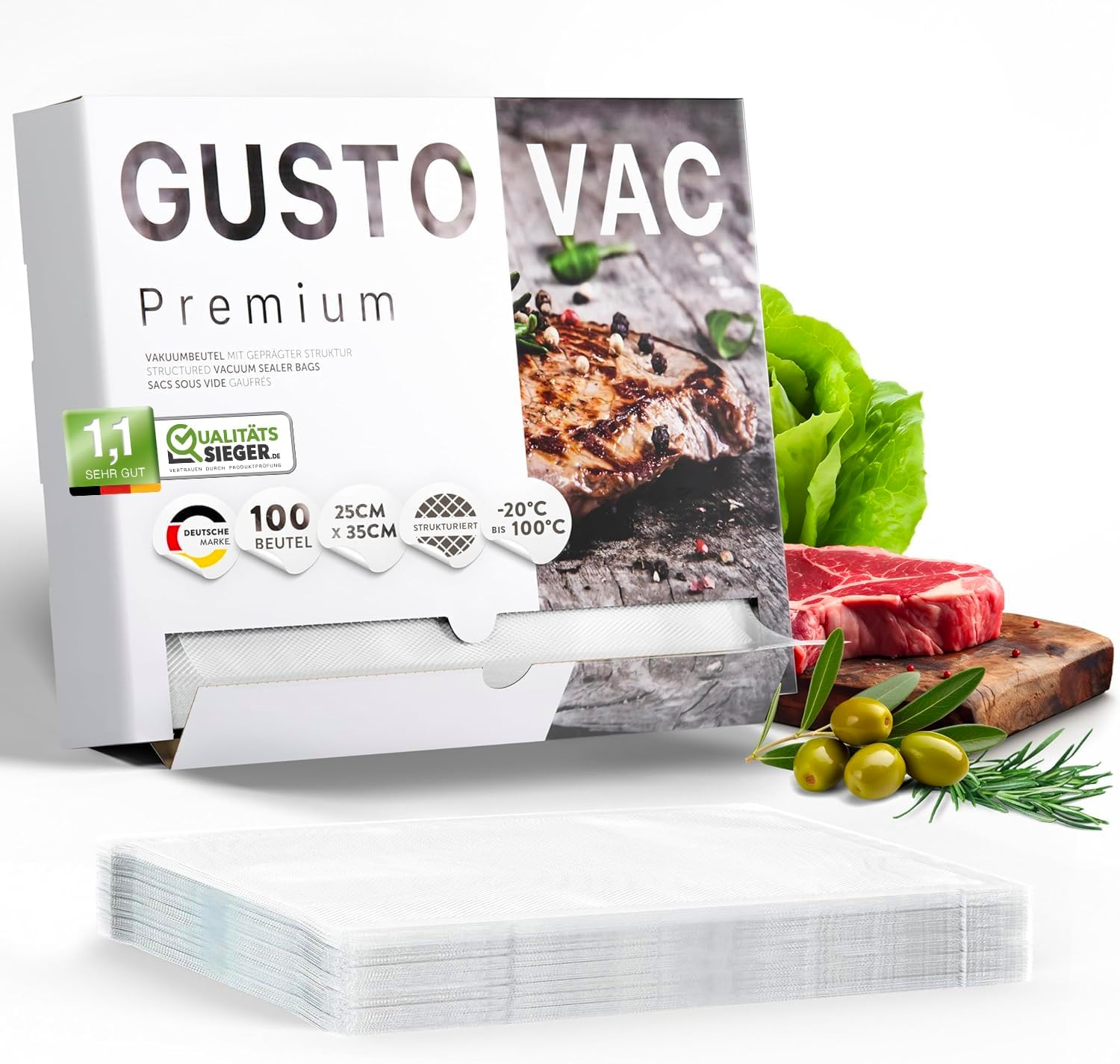 Premium Vakuumbeutel - 25x35 cm - 100 Stück, luftdichte Beutel zum Schutz und Frischhalten von Lebensmitteln, für Vakuumierer geeignet.