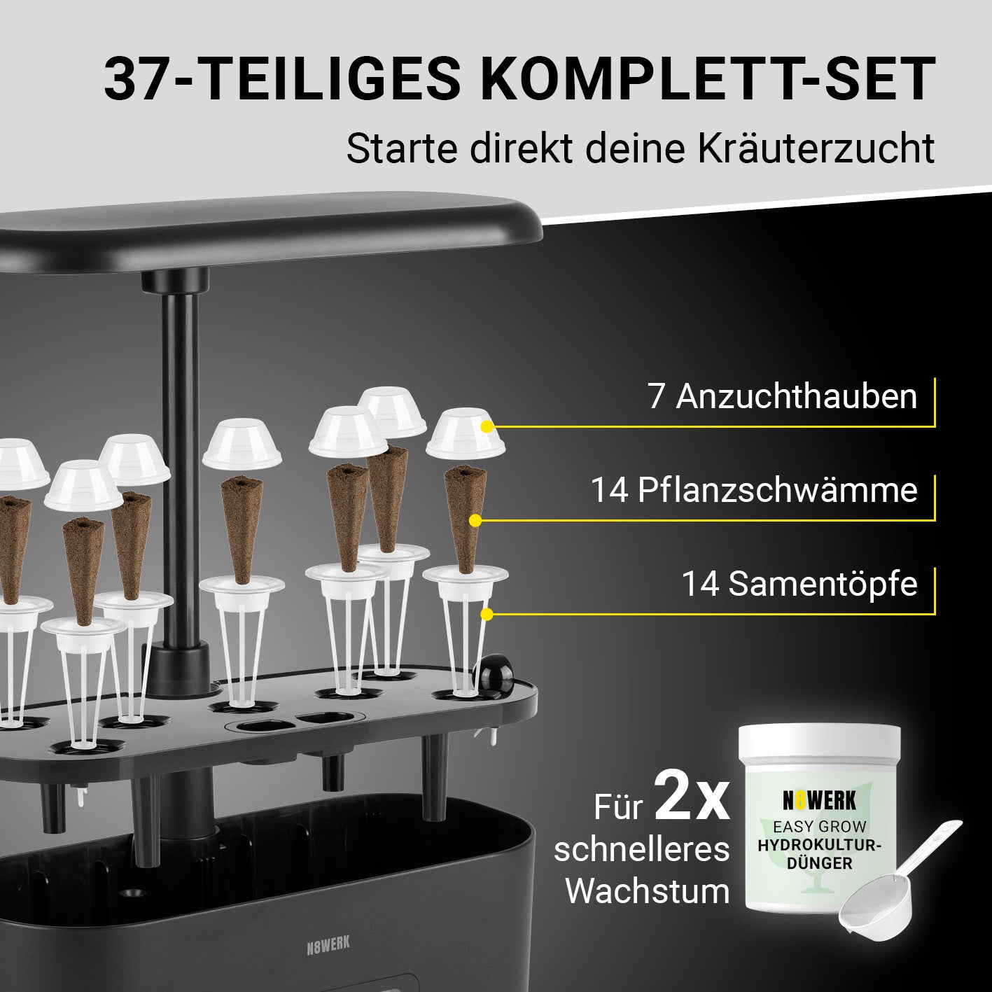 Hydroponische Pflanzenanzuchtstation mit Display + Ersatz-Set 56-tlg. mit 7 Anzuchthauben, 14 Pflanzschwämmen und 14 Samentöpfen.