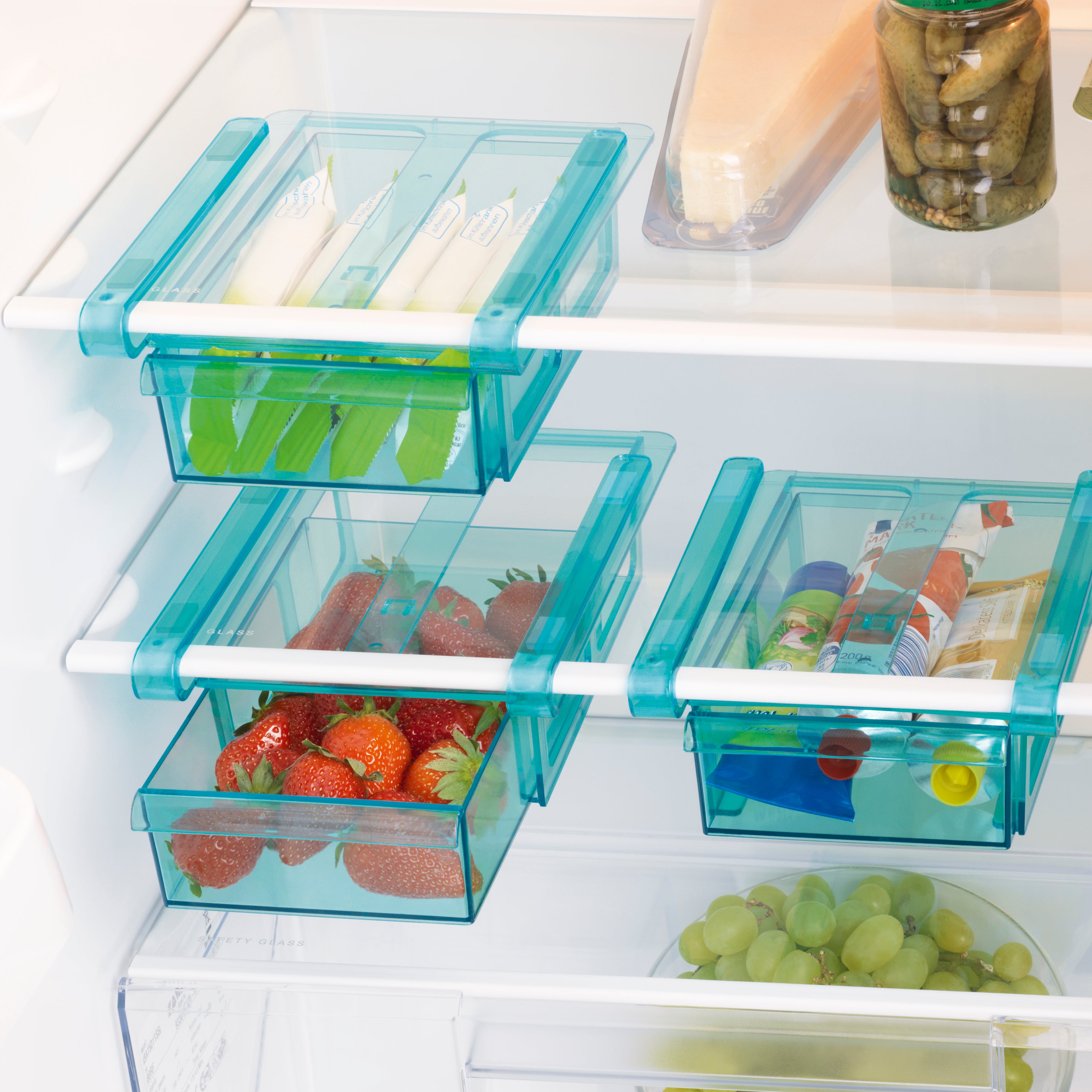 Klemm-Schublade für Kühlschrank - 3er-Set transparent/blau mit praktischem Klemmmechanismus und transparentem Design für Ordnung im Kühlschrank.