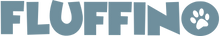 Fluffino Logo in blauer Schrift, im O eine Hundepfote.