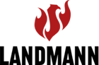 LANDMANN Logo, rote Flamme, schwarzer Schriftzug.