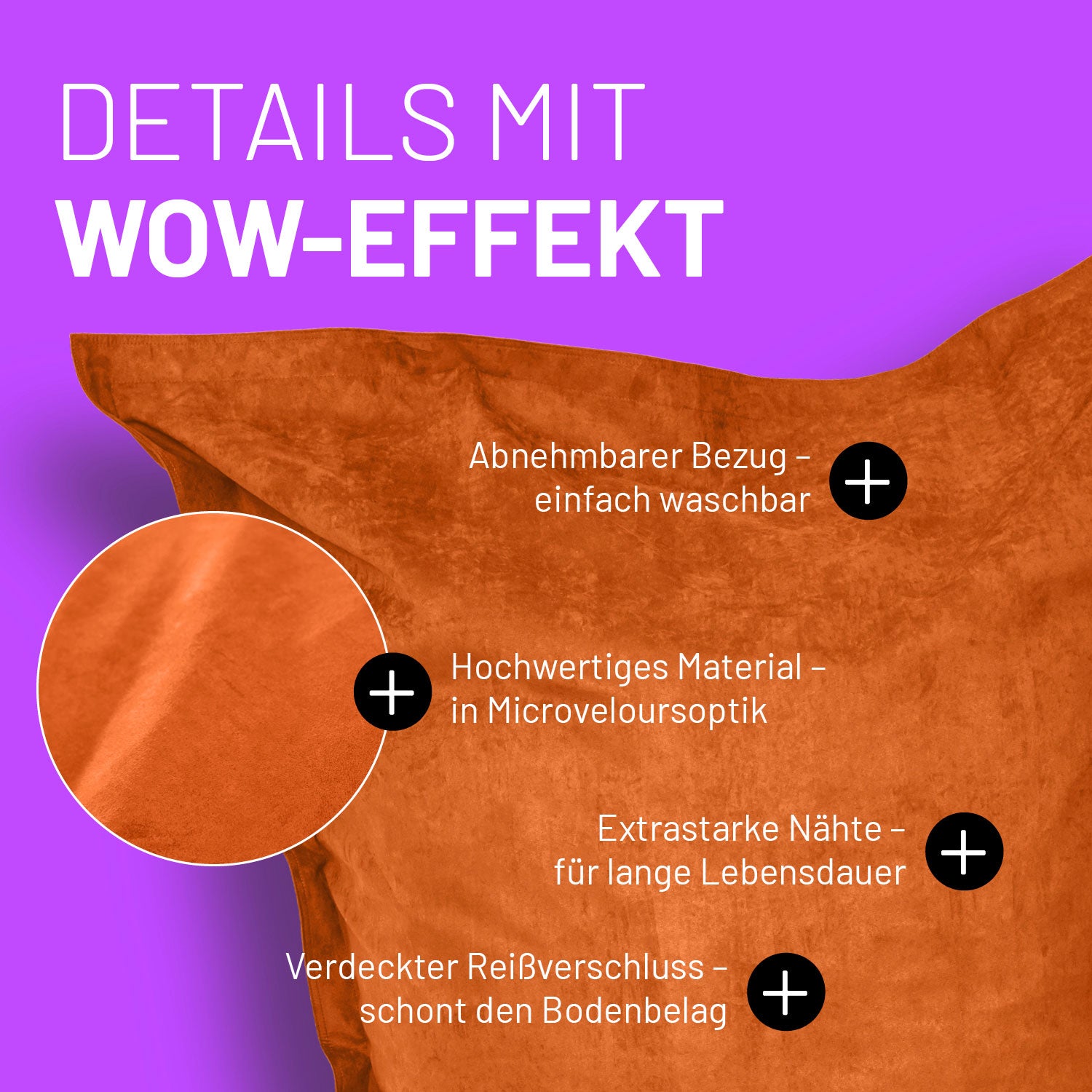 XXL Microvelours Sitzsack (380 L) in Orange mit abnehmbarem Bezug, Microveloursoptik und extrastarken Nähten für lange Lebensdauer.