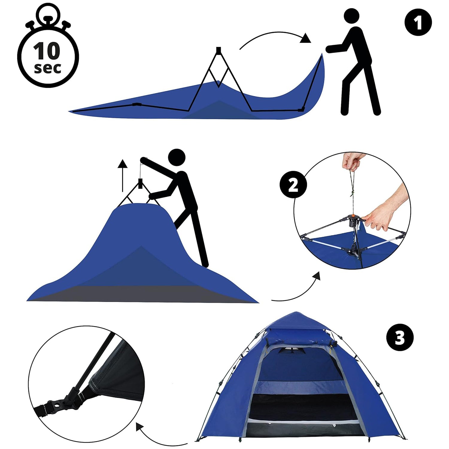 Pop Up Familienzelt Wurfzelt 3 Personen Zelt Blau mit ultraschnellem Quick Up Aufbau in 3 Schritten, wetterfest und kompakt.