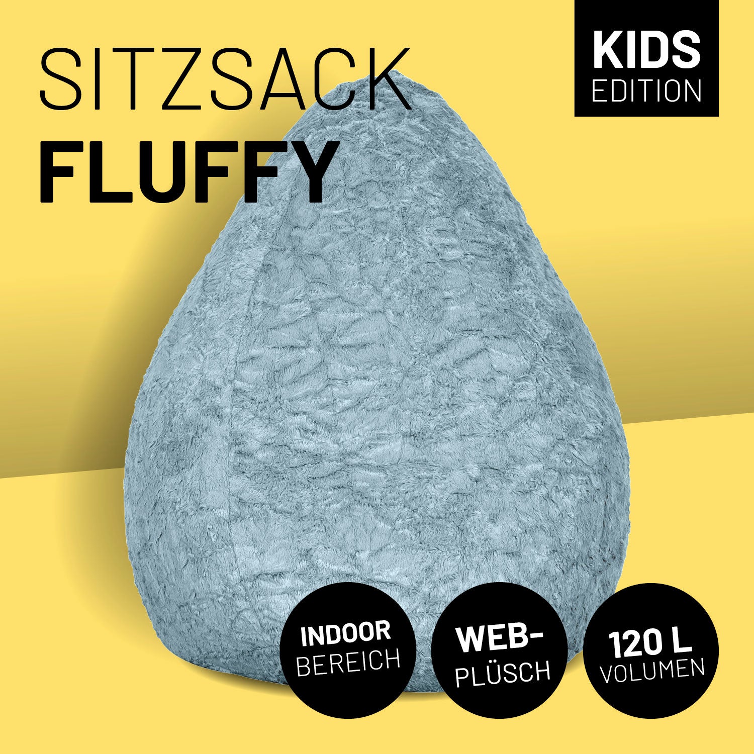 Luxury Fluffy Sitzsack (120 L) - indoor - Pastel Blau aus weichem Webplüsch, 120 Liter Volumen, formanpassend und geruchsneutral.