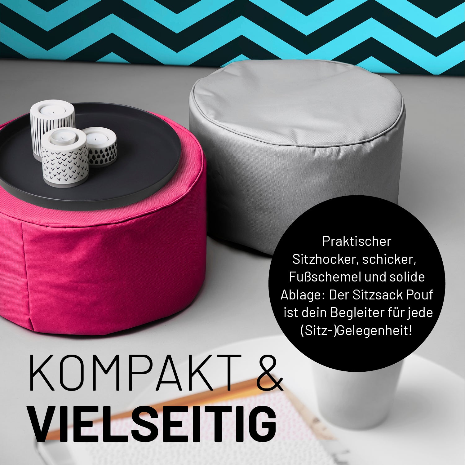 Sitzsack-Hocker/Pouf (50 L) in Pink, multifunktional als Sitzhocker, Ablage und Fußschemel für Indoor & Outdoor.