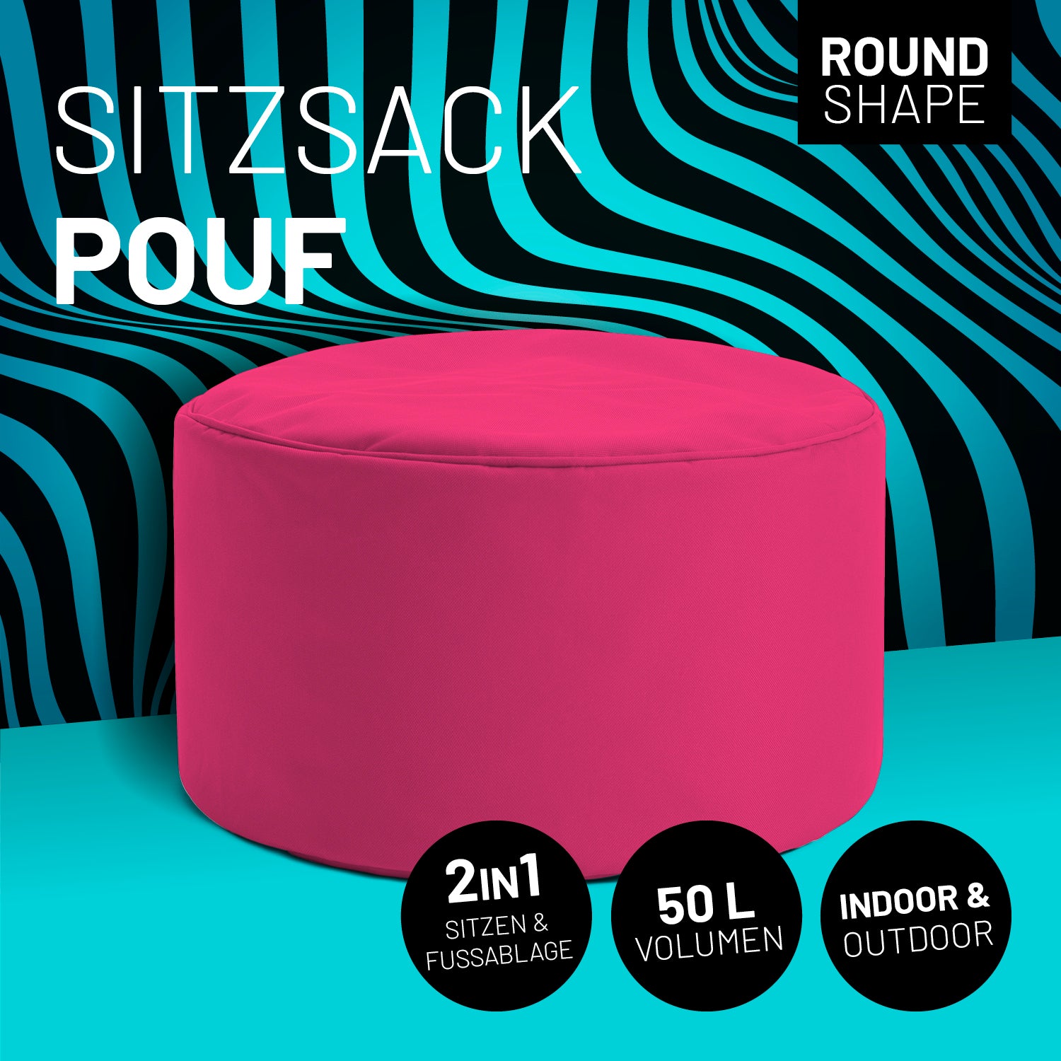 Sitzsack-Hocker/Pouf (50 L) - pinker, runder 2in1 Sitzhocker für Indoor & Outdoor mit robustem, pflegeleichtem Material.