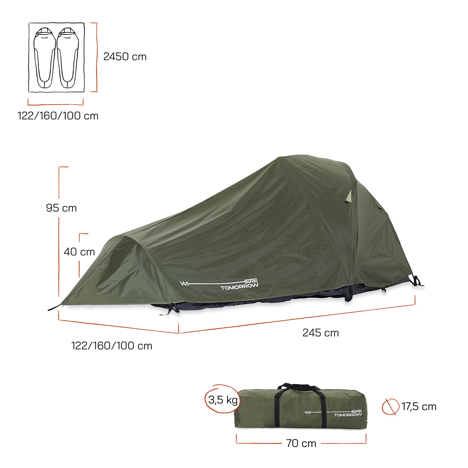 2-Personen-Kompakt-Zelt Pop Up Wurfzelt Trekkingzelt 245x160x95 cm Grün, ultraleicht, schnell aufgebaut, mit hoher Bodenwanne.