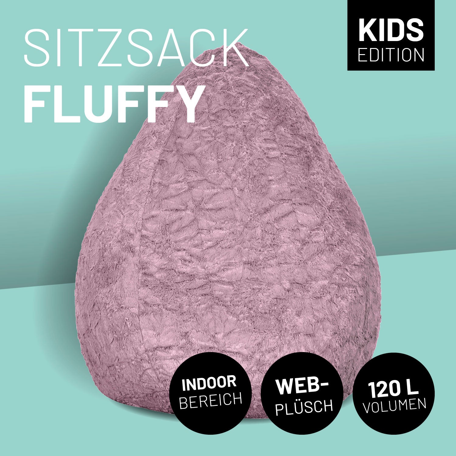 Luxury Fluffy Sitzsack (120 L) Pastell Pink aus weichem Webplüsch, geruchsneutral, robust und ideal für den Indoor-Bereich.