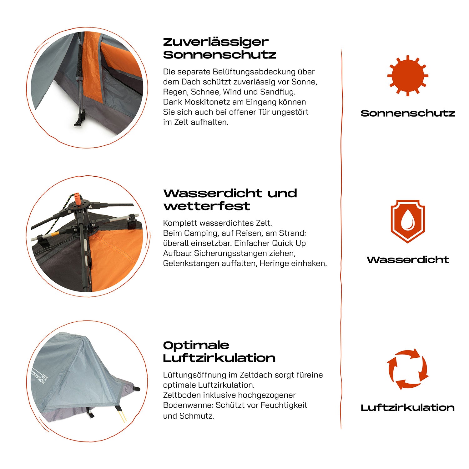 1-Personen-Zelt - Rechteck - 220x80x50 cm - Grau, ultraleicht mit Sonnenschutz, wasserdicht und optimaler Luftzirkulation von Where Tomorrow.