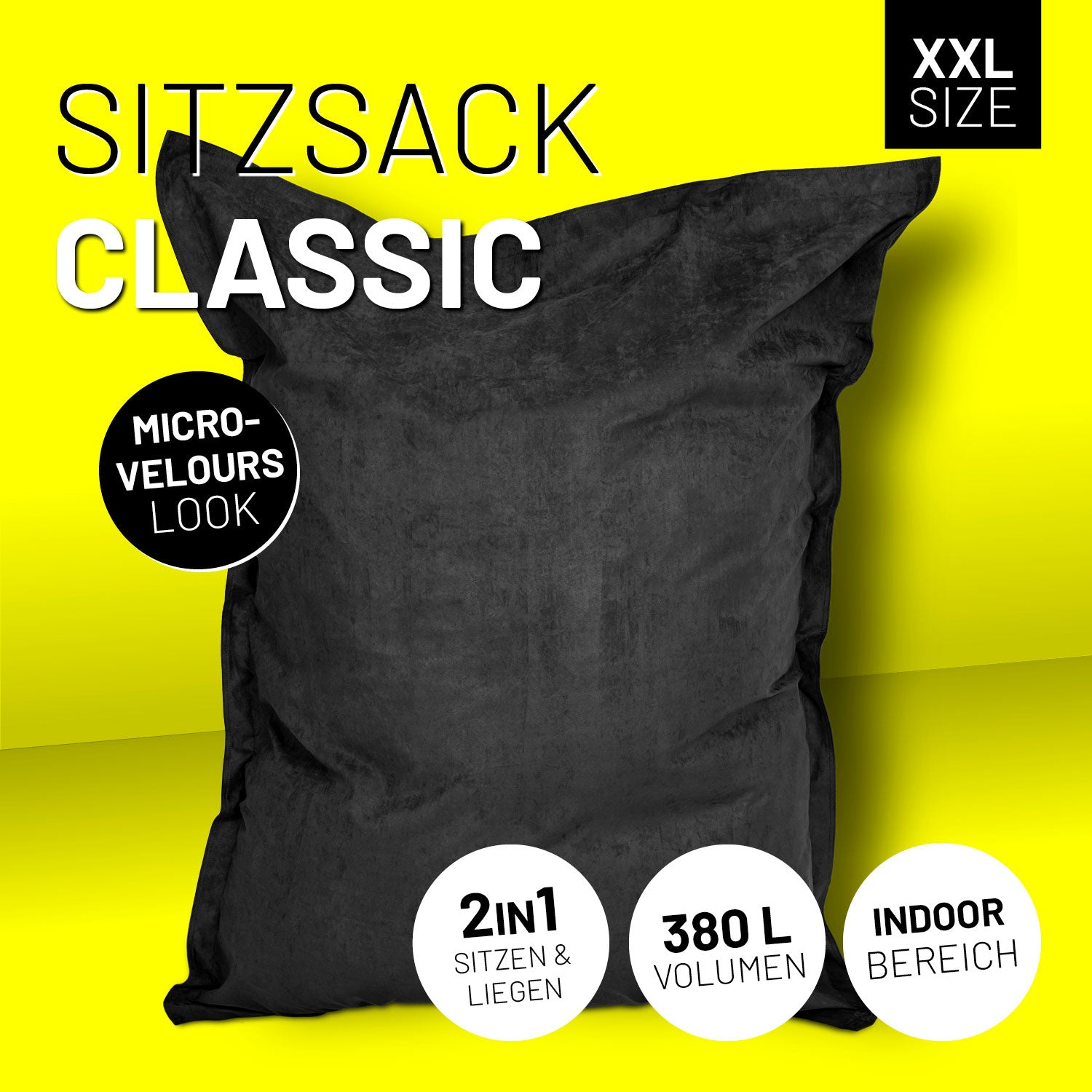 XXL Microvelours Sitzsack (380 L) - indoor - Schwarz großer, bequemer Sitzsack mit microvelours Oberfläche und 380 Liter Füllung.