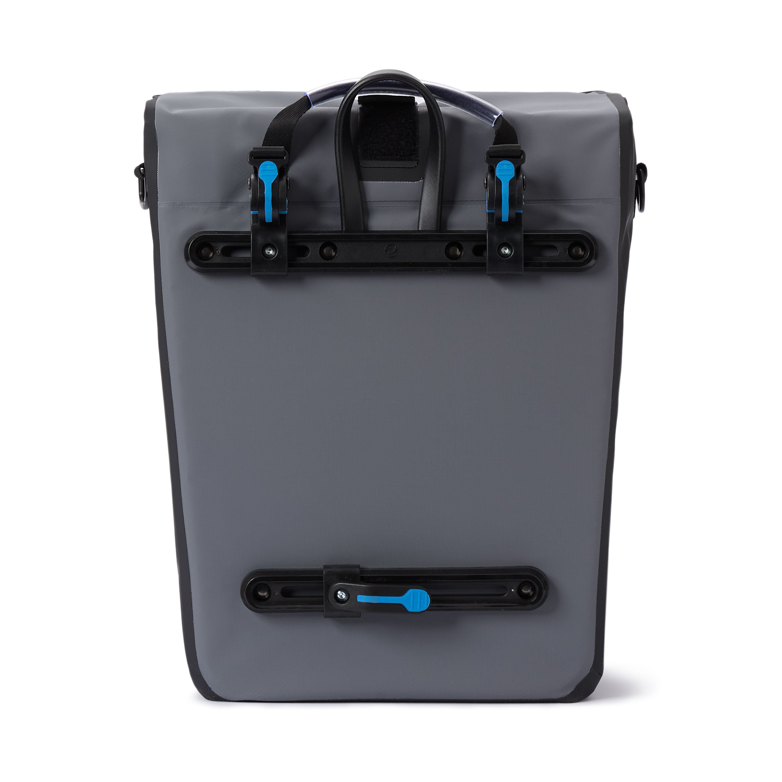 Wasserdichte Fahrradtasche Roll-Top - 21 L - Grau mit reflektierendem Material und flexiblem Schnellverbindungssystem für Gepäckträger.