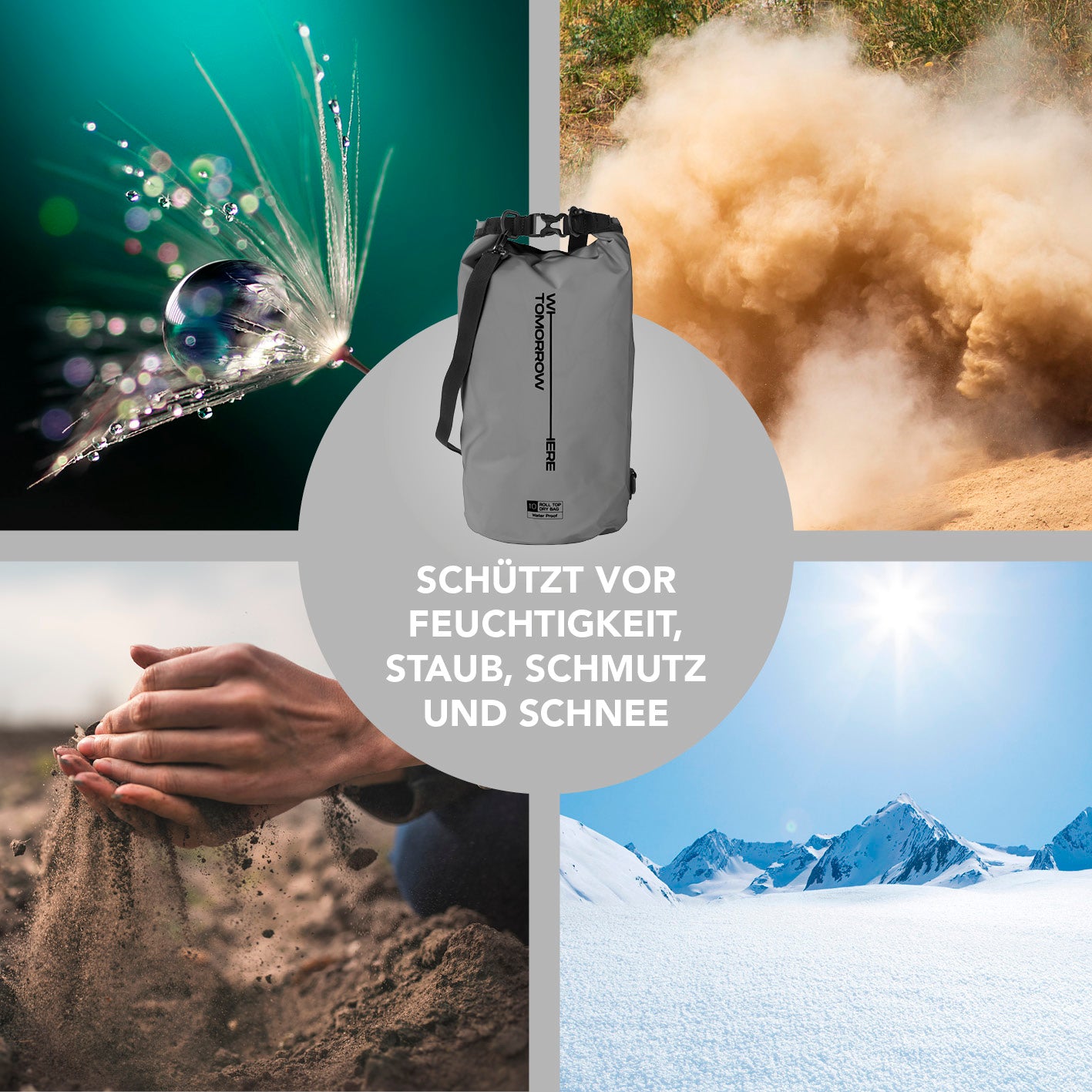 Dry Bag 20L - Lila schützt zuverlässig vor Feuchtigkeit, Staub, Schmutz und Schnee bei Outdoor-Abenteuern.