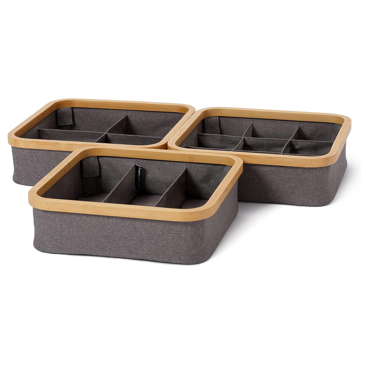Organizer mit Bambus-Rahmen - 3er-Set - Grau, faltbare Aufbewahrungsboxen mit 3, 4 und 9 Fächern für praktische Organisation.