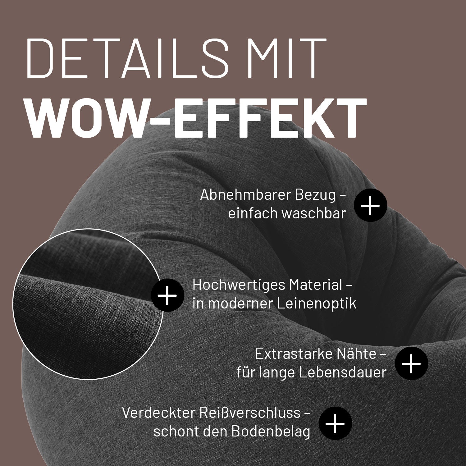 Sitzsack Interior Line (300 L) Dunkelgrau mit abnehmbarem Bezug, Leinenoptik, extrastarken Nähten und verdecktem Reißverschluss.