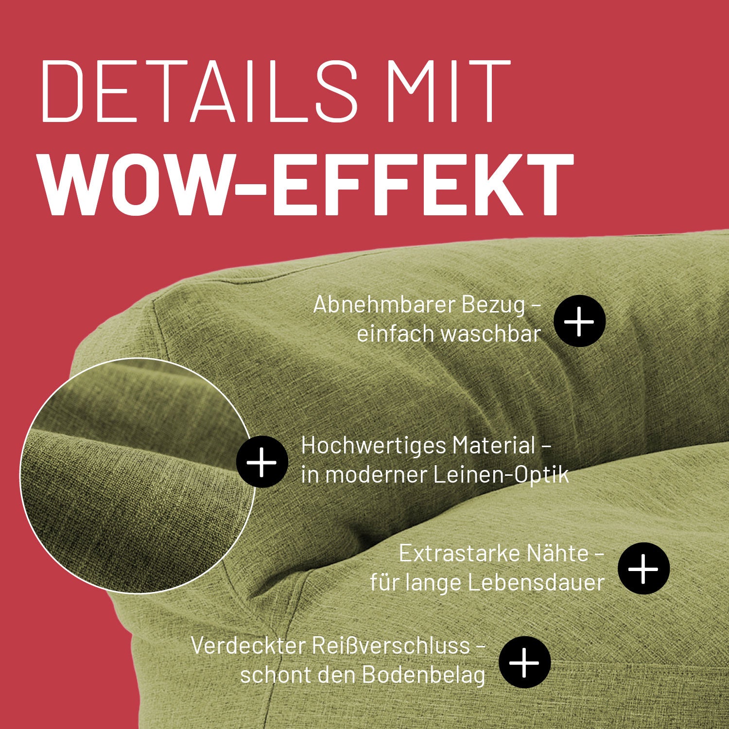 Interior Line Sitzsack-Lounge (320 L) Lime aus hochwertigem, leinenartigem Material mit abnehmbarem, waschbarem Bezug.