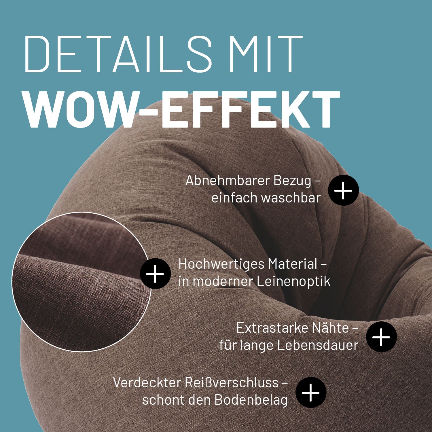 Sitzsack Interior Line (300 L) - brauner Indoor-Sitzsack in Leinendruck mit abnehmbarem, waschbarem Bezug und extrastarken Nähten.
