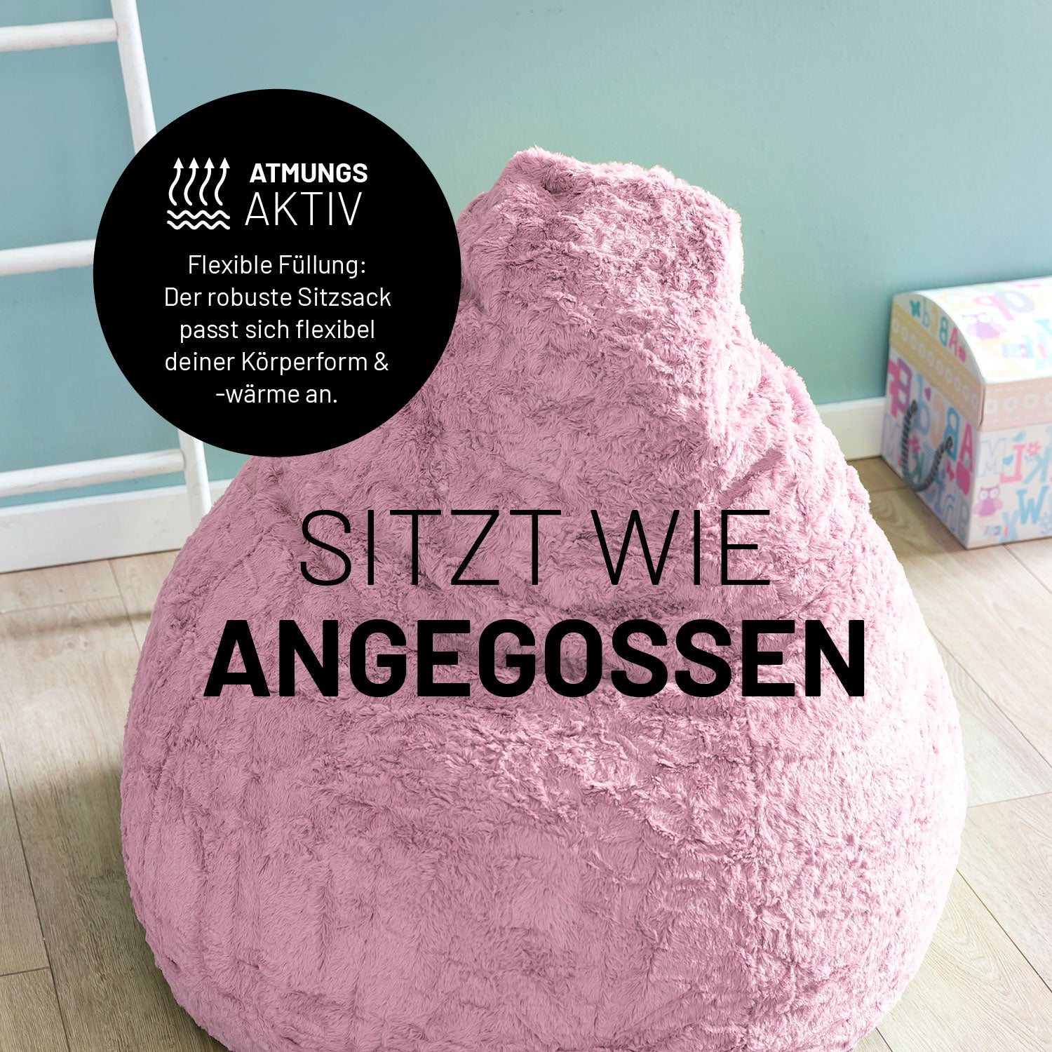 Luxury Fluffy Sitzsack (120 L) Pastellrosa mit weichem Webplüsch und flexibler Füllung für perfekte Anpassung an Körperform.