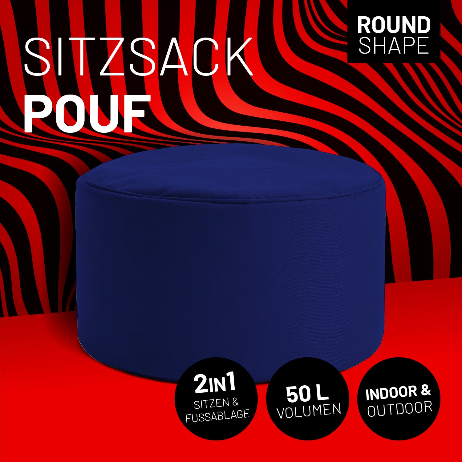 Sitzsack-Hocker/Pouf (50 L) in Navyblau, multifunktional für Indoor & Outdoor, langlebig, leicht, mit verdecktem Reißverschluss.