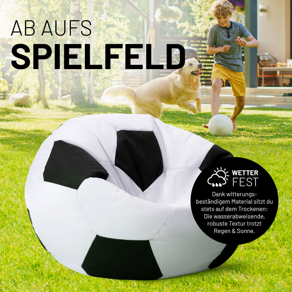 Luxury Fußball Sitzsack (300 L) wetterfest, robustes Material, ideal für drinnen und draußen, perfekt zum Chillen und Relaxen.