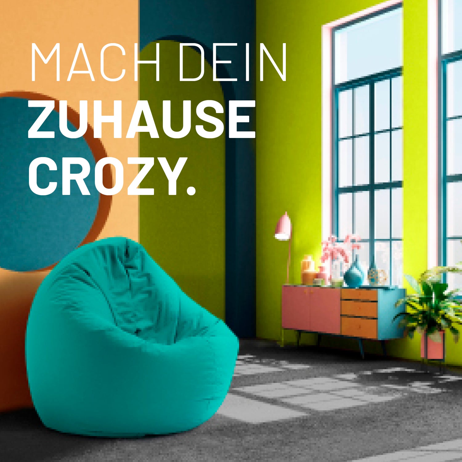 Sitzsack Drops (300 L) Türkis in buntem, modernem Raum, multifunktional für drinnen & draußen, pflegeleicht und bequem.