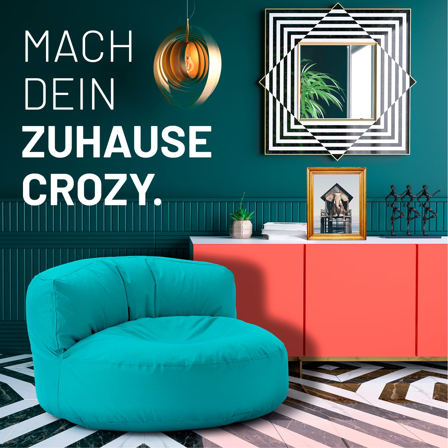 Sitzsack Lounge (320 L) Aquamarin in modernem Raum, gemütlich und stilvoll für drinnen und draußen, pflegeleicht und transportabel.