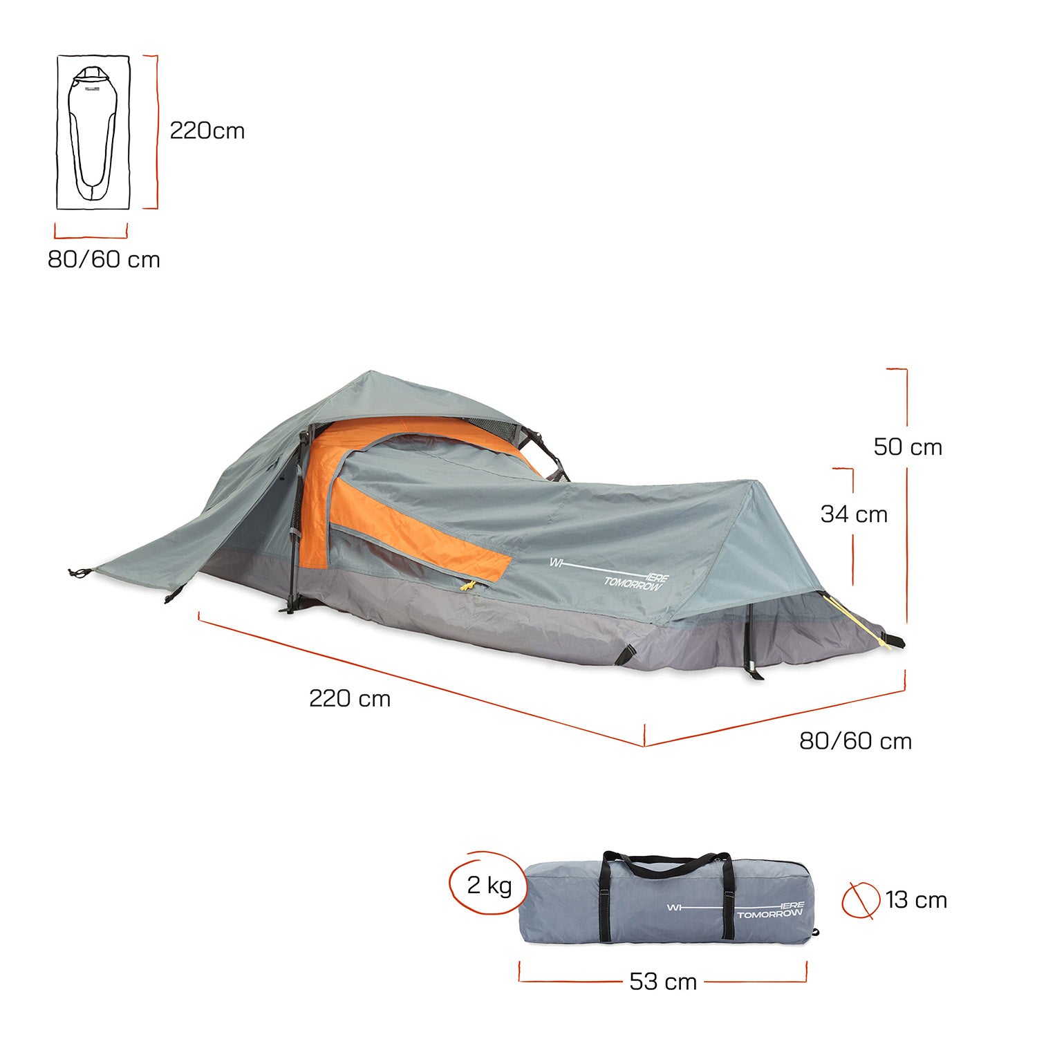 1-Personen-Zelt - Rechteck - 220x80x50 cm - Grau, ultraleichtes Wanderzelt mit schnellem Quick Up Aufbau und optimalem Wetterschutz von Where Tomorrow.