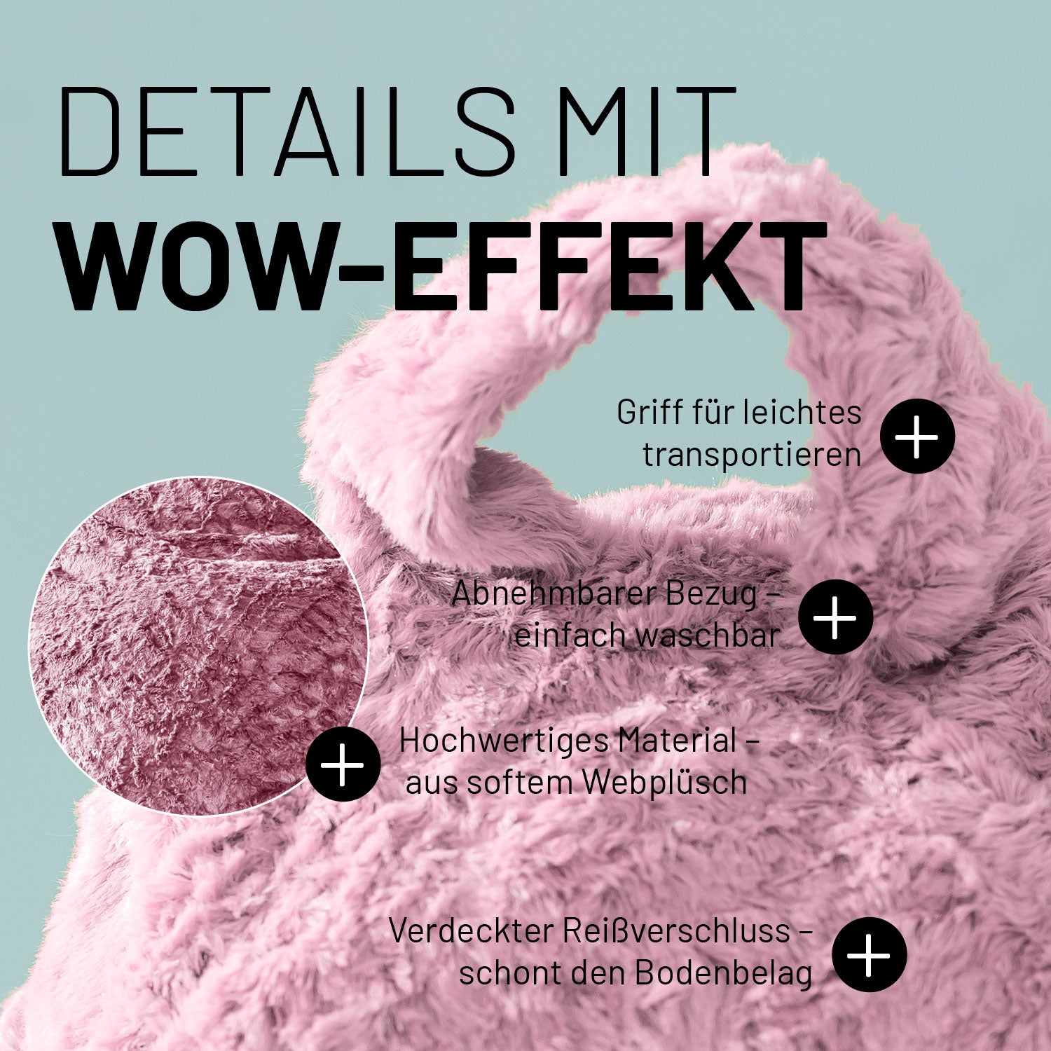Luxury Fluffy Sitzsack (120 L) in Pastellrosa mit weichem Webplüsch und praktischem Griff für einfaches Transportieren.