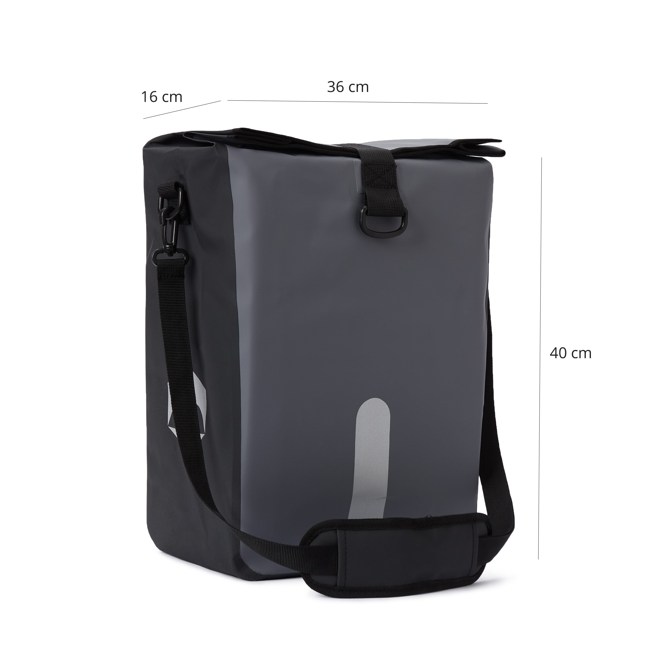 Wasserdichte Fahrradtasche Roll-Top - 21 L - Grau, 3-in-1 Tasche, reflektierend, wasserfest, mit Schulter- und Haltegriff, 36x40x16 cm.